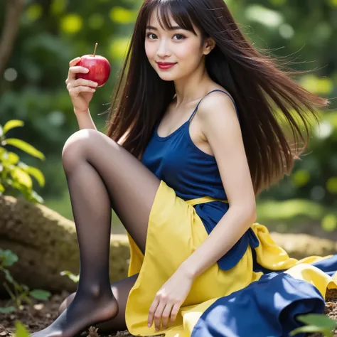 Snow White, the Extraordinary Beauty、((Eating Poisoned Apples:1.8)、Cinderella Dress in a Blue and Yellow Skirt、((black pantyhose、full body picture、full body shot、full body:2.0))、Japanese beauty、The background is Deep in the Forest、masterpiece、32K、ultra hig...