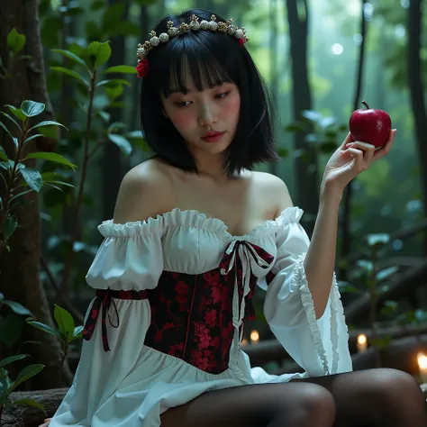 Sexy Snow White、((Eating Poisoned Apples:1.8)、Cinderella Dress in a Blue and Yellow Skirt、((black pantyhose、full body picture、full body shot、full body:2.0))、Japanese beauty、The background is Deep in the Forest、masterpiece、32K、ultra high definition、Highest ...