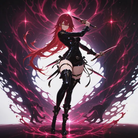 (masterpiece, best quality), amazing quality, very aesthetic, absurdres, newest, HDR, 8K, high detail RAW color art,  splash art, 1girl, golden eyes, red hair, very long hair, medium breasts, curvy, beautiful, cool, sexy,  long sleeves, black corset, black...