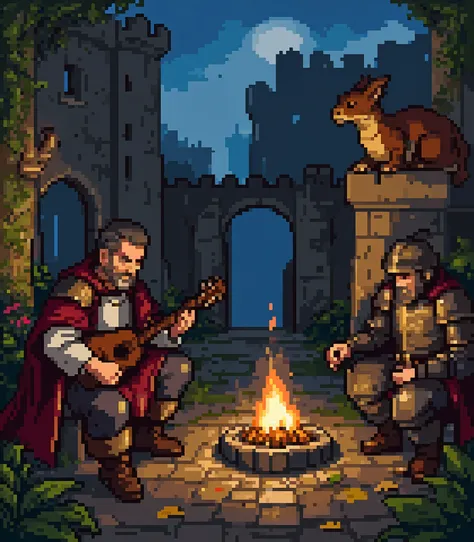 Appearance: A weary but kind-eyed bard in a patched crimson cloak, his lute worn but lovingly maintained. His sleeves are rolled up, revealing faint scars from past adventures.
Pose: Sitting cross-legged near the fire, fingers gently plucking strings, head...