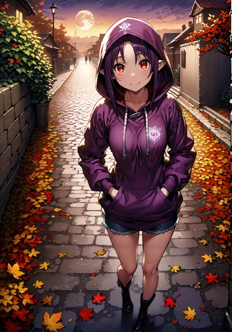 yuukiKonno, Konno Yuuki, pointy ears, purple hair, Red Eyes,long hair,smile,cover,Close Mouth,purple oversized hoodie , Denim Micro Shorts ,Bare legs,boots, hood up ,autumn,autumn leaves, night, full moon,is standing,put both hands in the hoodie pocke...