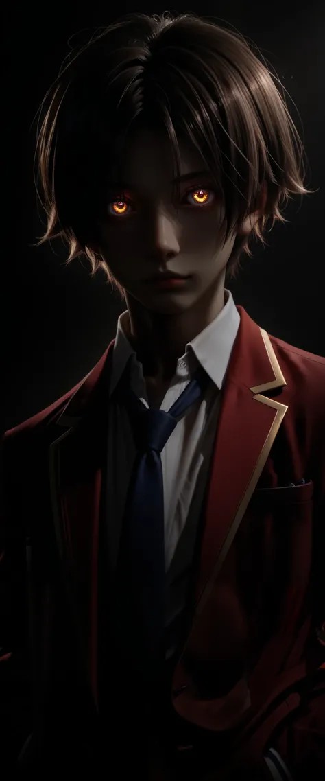 (red blazer:1.5), UHD, textured skin, high quality, masterpiece, 1boy, brown hair, brown eyes, short hair, bangs, parted bangs, school uniform, jacket, necktie, blue necktie, shirt, white shirt, collared shirt, looking at viewer, looking at viewer, very ae...
