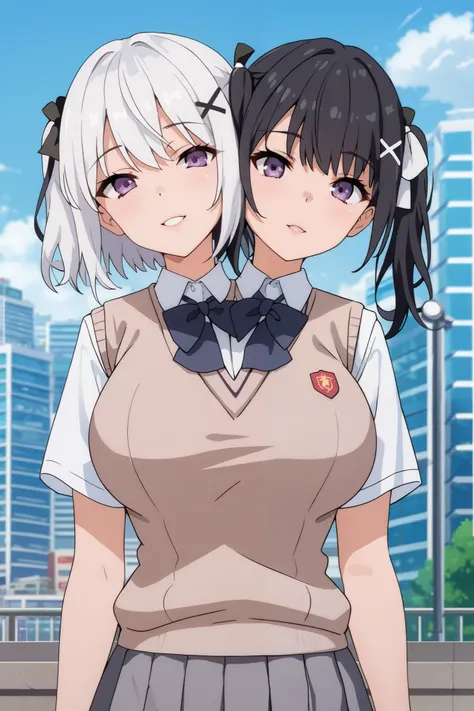 conjoined, 2girls, 2heads, two heads, a tall thin girls with 2 heads, x hair ornament, hair ribbon, white hair, black hair, white short hair, black twintails, purple eyes, large breasts, front shots, upper body, skirt, shirt, school uniform, white shirt, s...