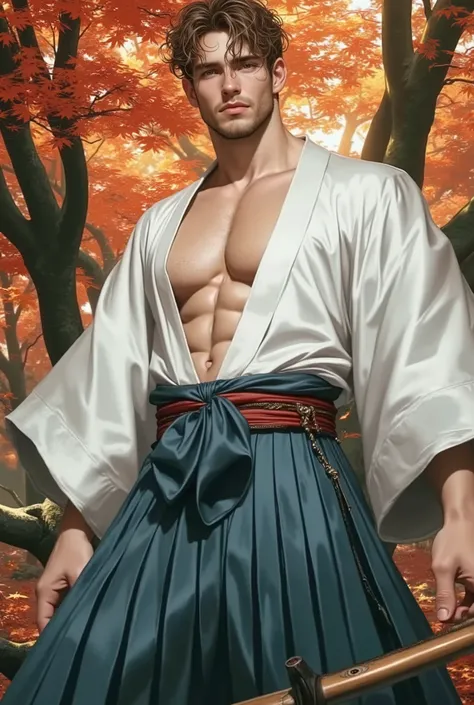 Un man hermoso de 29 años , 1.80 cm tall , I bet, man, virile, kendo (kimono blanco sólido abierto en la parte superior y una larga skirt maxi azul marino de cintura alta (skirt, Also) with obi:1.4), sweat, ( short curly brown hair :1.2), bRight em...