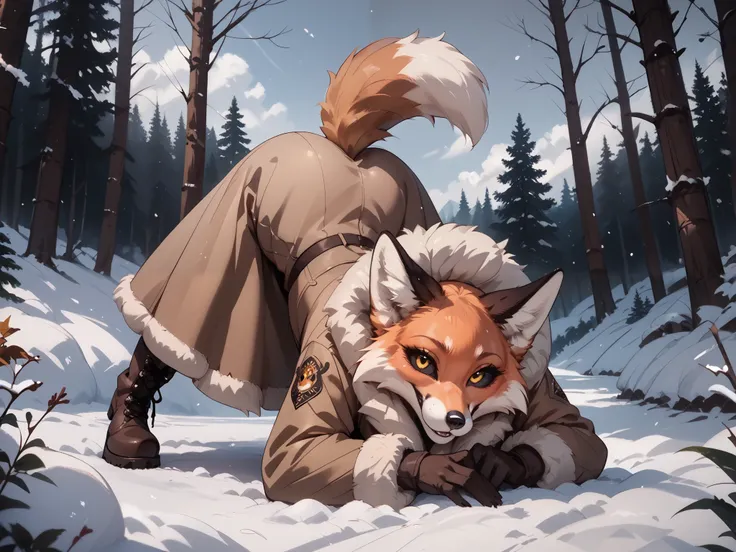 safe picture,  grey sky, the forest, winter, fox, black eye sclera, yellow eyes, brown long fur coat, brown long skirt, boots,  ass up, back fully arched