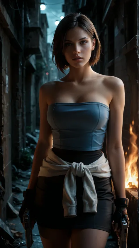 score_9, score_8_up, score_7_up, score_6_up, source_anime, BREAK masterpiece,   . JillRE3, brown hair, bob cut, short hair, bare shoulders,  pencil skirt, clothes around waist, fingerless gloves,  tube top, breasts, best quality, city, night, ruins, parted...