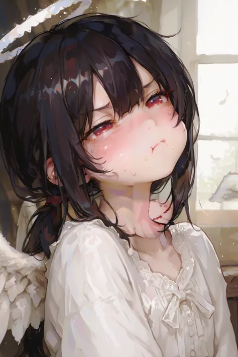 masterpiece, best quality, Detailed Eyes, girl, fantasy, kawaii, tsundere, red eye, low ponytail black hair, s, young face, clumsy, cute face, semi realistic, 8k, white blouse, pout, naughty, white angel wings, white halo, solo charactor