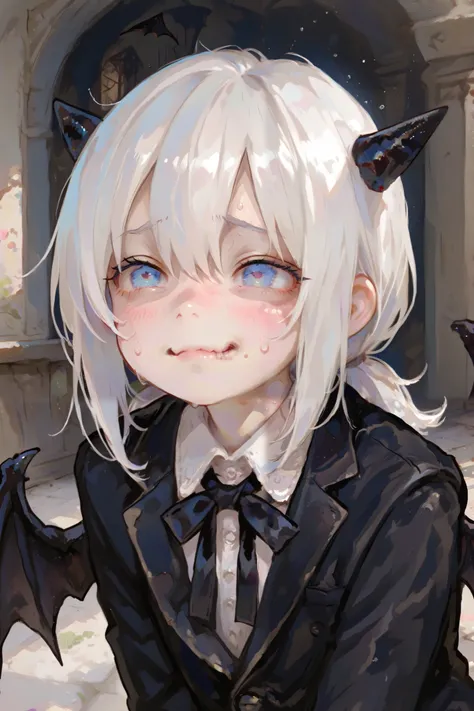 masterpiece, best quality, Detailed Eyes, boy, fantasy, kawaii, coward, blue eye, low ponytail white hair, younger brother, young face, clumsy, cute face, girly face, semi realistic, 8k, black suit, nervous face, black devil wings, black tiny devil horns, ...