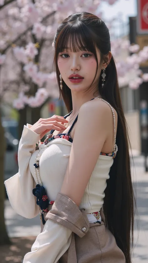 8k, masterpiece, full body, RAW photos, best quality,k1girl, j-cup busty 、(( top quality and the back is fully nude , 8k, ultra-detailed face, ultra realistic, Japanese street cherry blossom photography style with vintage lighting and film tones, big b...