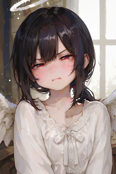 masterpiece, best quality, Detailed Eyes, girl, fantasy, kawaii, tsundere, red eye, low ponytail black hair, s, young face, clumsy, cute face, semi realistic, 8k, white blouse, pout, naughty, white angel wings, white halo, solo charactor