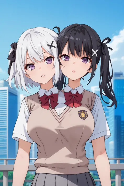 conjoined, 2girls, 2heads, two heads, a tall thin girls with 2 heads, x hair ornament, hair ribbon, white hair, black hair, white short hair, black twintails, purple eyes, large breasts, front shots, skirt, shirt, school uniform, white shirt, short sleeves...