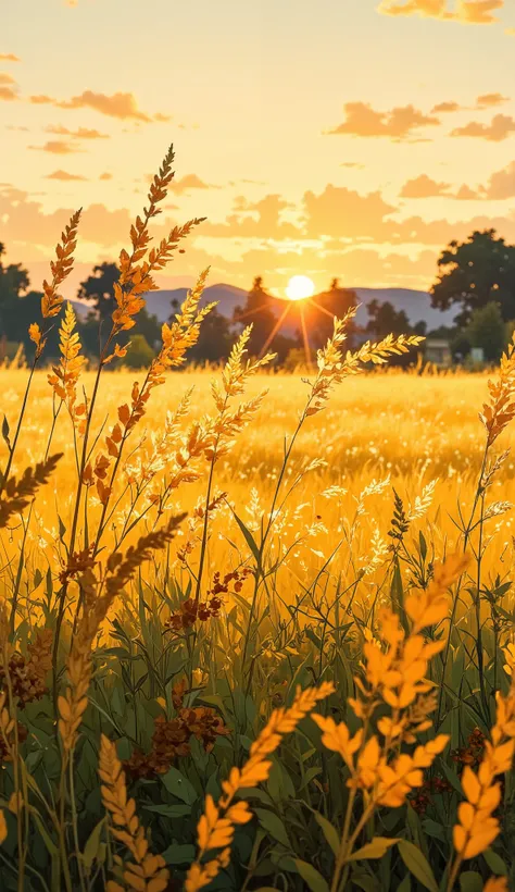 "A field of tall, golden grasses swaying gently in the wind, their tips catching the warm glow of the setting sun. The sky above is a soft gradient of muted orange and dusty blue. The composition is uncluttered, focusing on the movement of the grasses and ...
