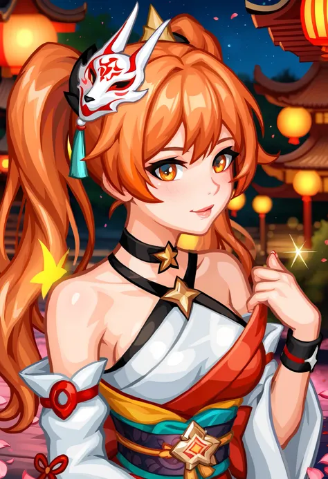 masterpiece, best quality, good quality, newest, highres, absurdres, 
sparkle /(honkai star rail/),star \(symbol\), twintails, hair ornament, off shoulder kimono, mask on head, detached sleeves, choker, obi, single glove, wristband, criss-cross halter, med...