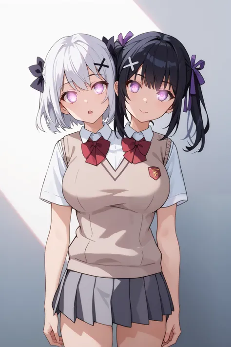 conjoined, 2girls, 2heads, two heads, a tall thin girls with 2 heads, x hair ornament, hair ribbon, white hair, black hair, white short hair, black twintails, purple eyes, large breasts, front shots, skirt, shirt, school uniform, white shirt, short sleeves...