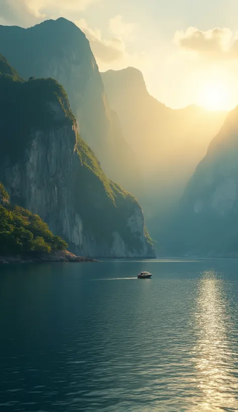 Hi-Res Image、Backlight on one side of the mountain、1h before sunset、Scenery seen by the seaside、1 small boat in the sunlight、4K Detail Digital Art、Colorful natural scenery、Beautiful coast
