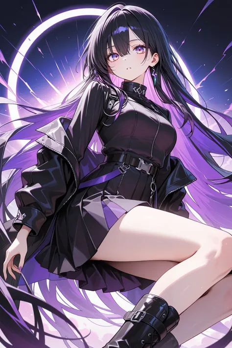 1 woman, sharp purple eyes , multicolored eyes , hair between eyes , long side bangs , black hair with fine purple strands , very long hair , medium breasts , cool, beautiful, black jacket, black skirt, black boots masterpiece, rolled up , great quality , ...
