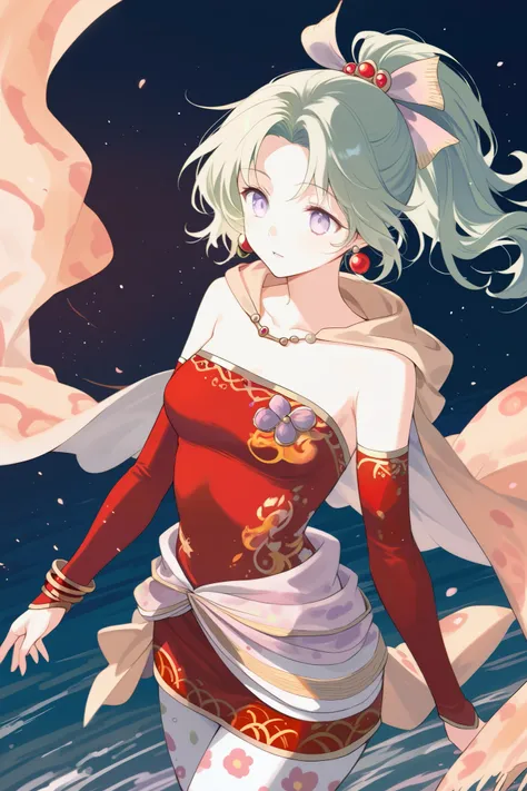 tina branford, green hair, ponytail, hair ribbon, earrings, cape, red dress, strapless, detached sleeves, clothes around waist, print legwear