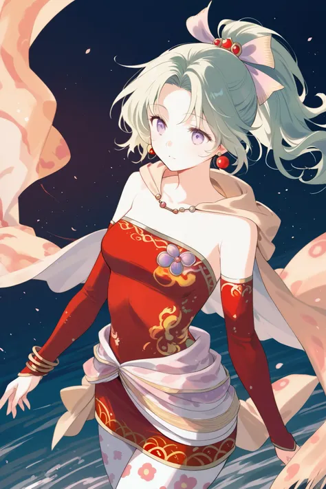 tina branford, green hair, ponytail, hair ribbon, earrings, cape, red dress, strapless, detached sleeves, clothes around waist, print legwear