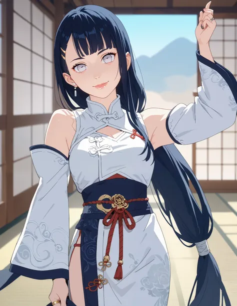 score_9, score_8_up, score_7_up, source_anime, anime_screencap, solo, 1girl, white eyes, big eyes, lips, smile, closed mouth, dark blue hair, very long hair, low-tied hair, white clothes, gray details, chinese style, bangs pinned back, detached sleeves, je...