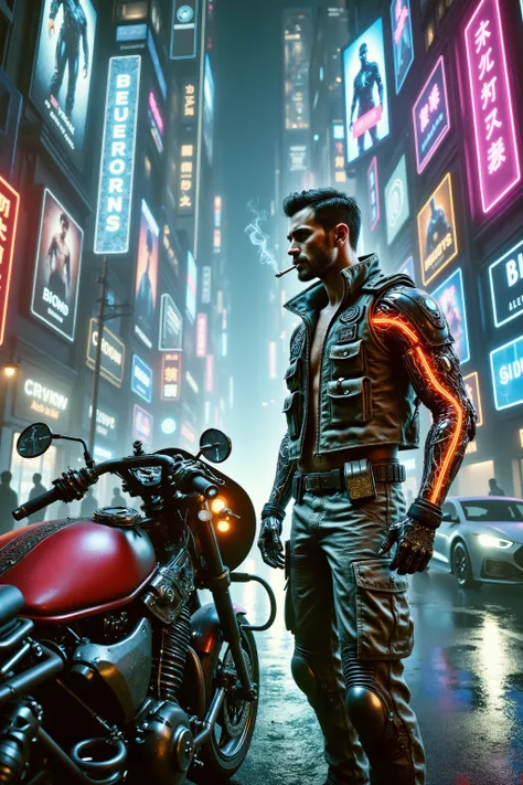Cyberpunk cityscape at night, dense with neon lights and atmospheric vapor. The street extends infinitely into the horizon, vanishing into a thick mist rising from underground vents. Towering skyscrapers dominate the skyline, their tops lost in darkness, w...