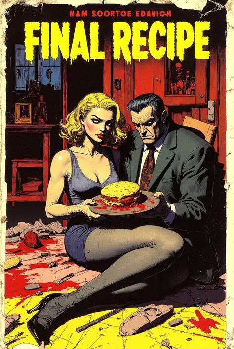 Vintage 70s romance comic book cover called "FINAL RECIPE", classic horror font, bold, stroke embossed border, show price of .50 cents and publisher logon, gory fiction, satirical horror, torn, worn, collector's item, pretty woman and man holding a human m...