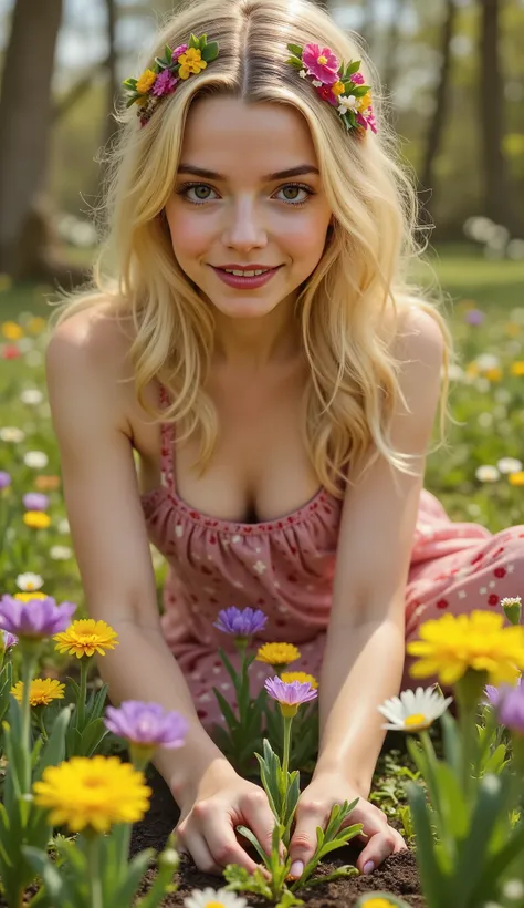 A nature-loving young woman plants flowers in the midst of a lush spring garden. Her sun-drenched dress and wild speckles of flowers in her hair harmonize with the colorful splendor around her. The scene breathes lively spring joy.