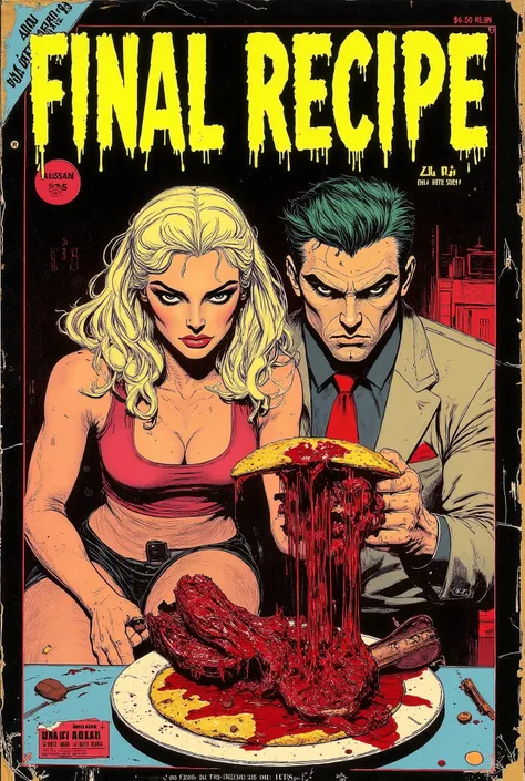 Vintage 70s romance comic book cover called "FINAL RECIPE", classic horror font, bold, stroke embossed border, show price of .50 cents and publisher logon, gory fiction, satirical horror, collector's item, pretty woman and man holding a human meat pie., we...