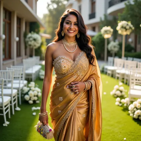 A South Asian woman standing gracefully in an outdoor garden setting during a festive event, wearing a luxurious bronze-colored saree with a metallic sheen, the saree draped elegantly over her shoulder with a gold-trimmed border. She pairs it with a strapl...