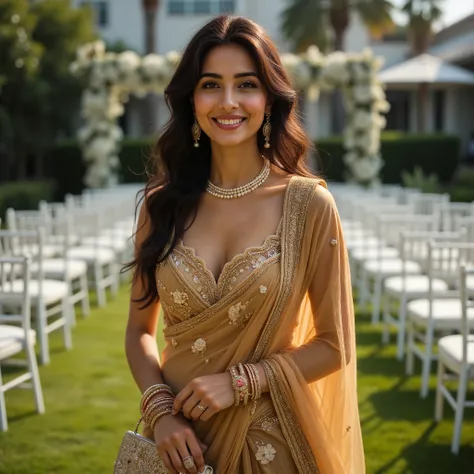 A South Asian woman standing gracefully in an outdoor garden setting during a festive event, wearing a luxurious bronze-colored saree with a metallic sheen, the saree draped elegantly over her shoulder with a gold-trimmed border. She pairs it with a strapl...
