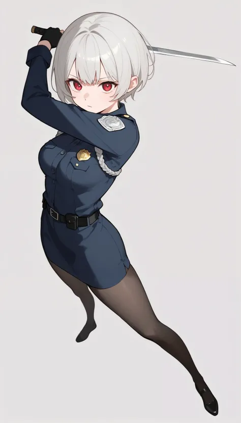 score_9_up , score_8_up , score_7_up , ((masterpiece)), (best quality), 1girl , Alone, simple background, temptation, delicate face, handheld dagger , Battle Pose , full body, silver short hair, long sideburn, red eyes, Disdainful Eyes, Black Stockings,...