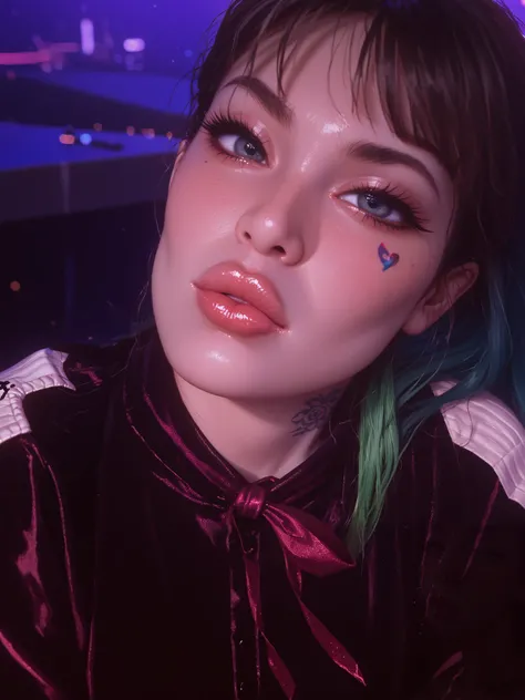 An artistic depiction of a girl with big lips and big eyes, bigger eyes, bigger lips, plump lips, long eyelashes, adorned with face tattoos, (urban face tattoos) The style is a blend of surrealism and pop art, with DARK colors and VERY exaggerated features...
