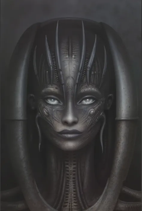 H. R. Giger's g1g3r, , Giger_style, H. R. Giger's g1g3r, , Giger_style, The image is a detailed view of H.R. Giger's \" Aleph (work 210) \" plate, featuring toned grayscale drawing of biomechanoid. By giger in gigeresqe style a prominent presence of the ...