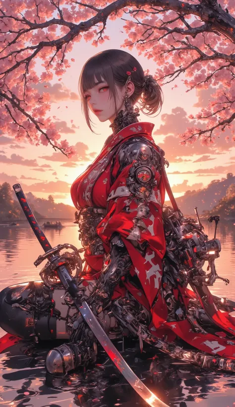 Cherry blossoms, rivers, beautiful sunset , A beautiful women with very short ponytail, she is a samurai, wearing a mechanical kimono clothing, she is holding a Japanese sword with mechanical gimmick, transience, after the battle she is sitting with India ...