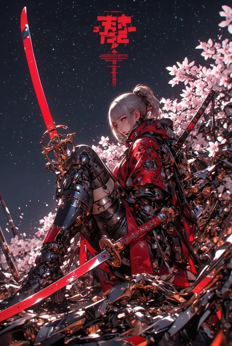 Cherry blossoms, beautiful night sky, A beautiful women with very short ponytail, she is a samurai, wearing a mechanical samurai clothing, she is holding a Japanese sword with mechanical gimmick, transience, after the battle she is sitting on the battlefie...