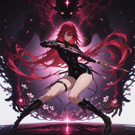 (masterpiece, best quality), amazing quality, very aesthetic, absurdres, newest, HDR, 8K, high detail RAW color art,  splash art, 1girl, golden eyes, red hair, very long hair, medium breasts, curvy, beautiful, cool, sexy,  long sleeves, black corset, black...