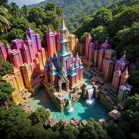 A cliff that is 300 feet tall made up of gigantic quartz crystal points that are multicolored translucent pillars in a tropical rainforest. In the middle of these skyscraper sized quartz crystals is an incredible gushing cascading waterfall that pours into...