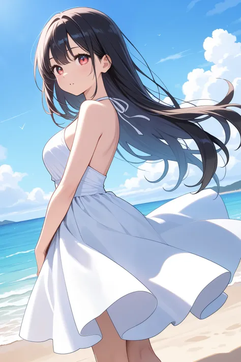 Beautiful girl with heavy long hair bohemian dress beach