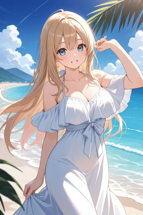 Beautiful girl with heavy long hair bohemian dress beach