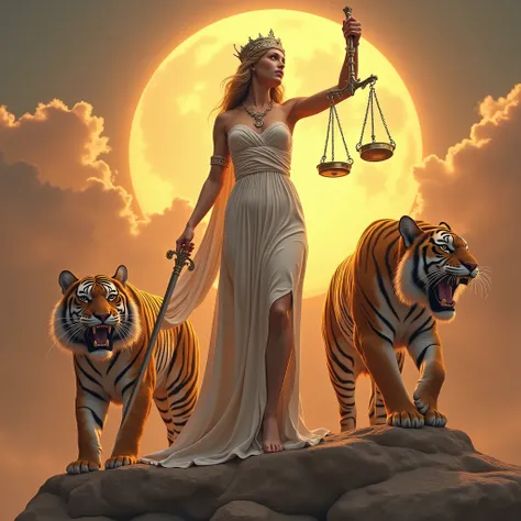 goddess Themis of Justice, with a curvy body and a white dress , and shows her wide hips , and shows off her wide and strong legs, and with soft and smooth skin , and with long ones, wavy golden hair , and holds a long sword , and holds a scale with t...