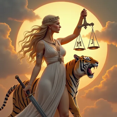 goddess Themis of Justice, with a curvy body and a white dress , and shows her wide hips , and shows off her wide and strong legs, and with soft and smooth skin , and with long ones, wavy golden hair , and holds a long sword , and holds a scale with t...