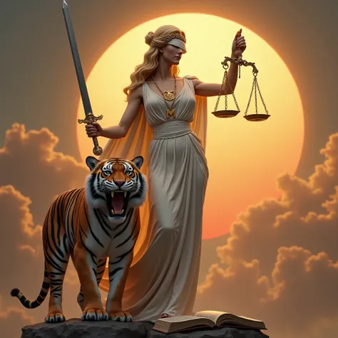 goddess Themis of Justice, with a curvy body and a white dress , and shows her wide hips , and shows off her wide and strong legs, and with soft and smooth skin , and with long ones, wavy golden hair , and holds a long sword , and holds a scale with t...