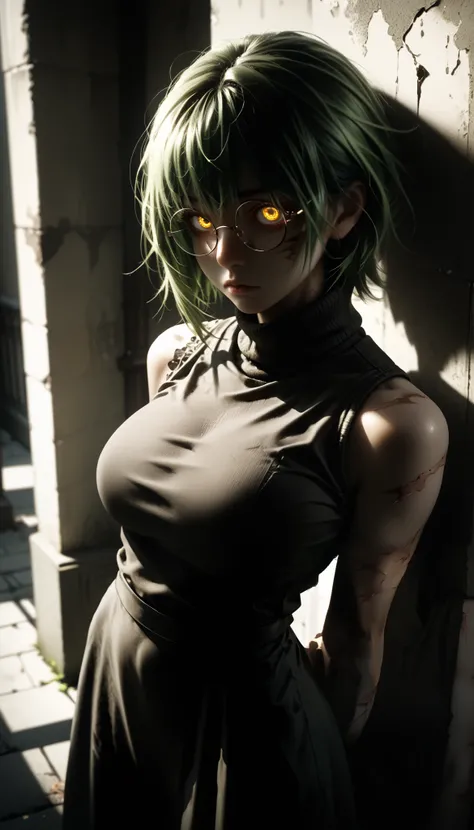 light, retina, from above, Maki Zenin, 1girl, solo, scar, large breasts, round eyewear, glowing eyes, short messy green hair, yellow eyes, black sleeveless turtleneck. She is leaning back firmly against the wall of the building, her body straight and press...
