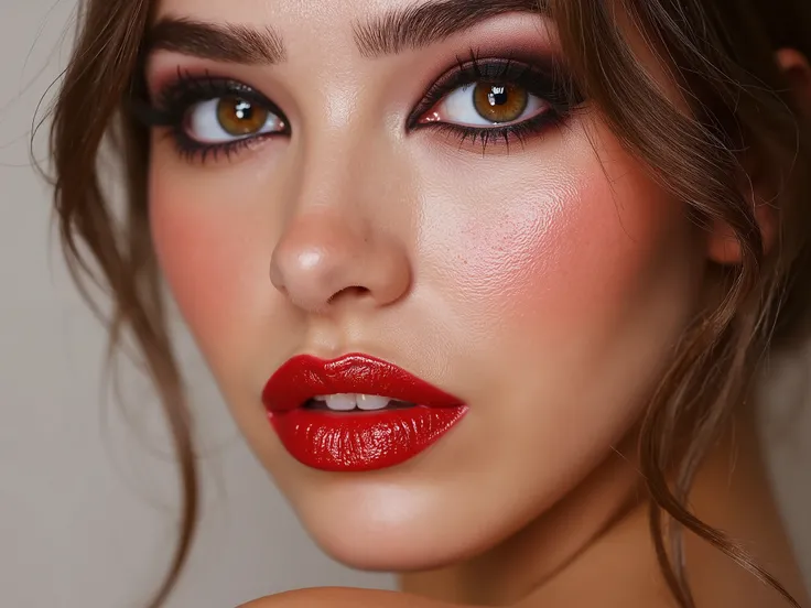 Extreme close up of her face, she is wearing extreme shiny deep red lip gloss, eyeliner flicks, glossy lips, shiny lips, gleaming reflections bounce off her lips, natural skin, pale white skin