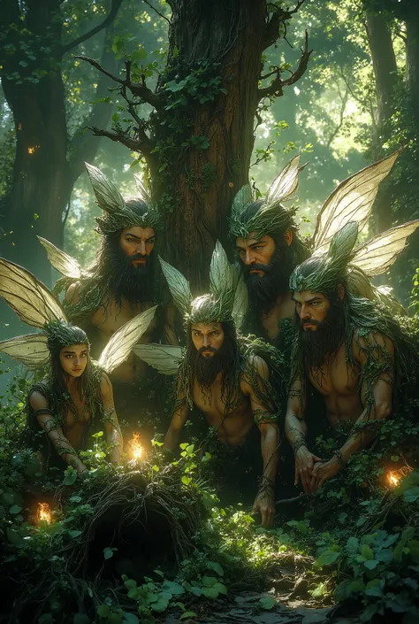 cute fairy forest with fairies, but all fairies are bearded muscular men