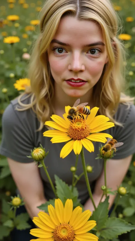 An ecologically conscious gardener lovingly interacts with wild bees in her natural flower garden. Every detail - from insect hotels to home-planted local flowers - shows sustainable harmony between humans and nature.