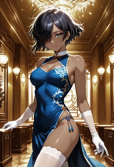 1 girl, 12years old, black hair, black hair,short hair, short hair, floating hair, bangs cover the forehead, messy hair, hair over one eye, hair covers one eye, hair cover one eye, big green eyes, purple makeup around the eyes, white choker, medium breast,...