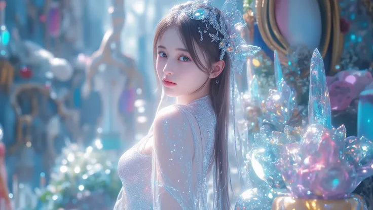 amazing fantasy world art, photorealistic 3d rendering of an amazing liquid-like woman. 20 years old, her whole body is composed of sparkling transparent liquid、Brilliant , harmonious gradation of hues, suggests movement and energy,The design of this figur...