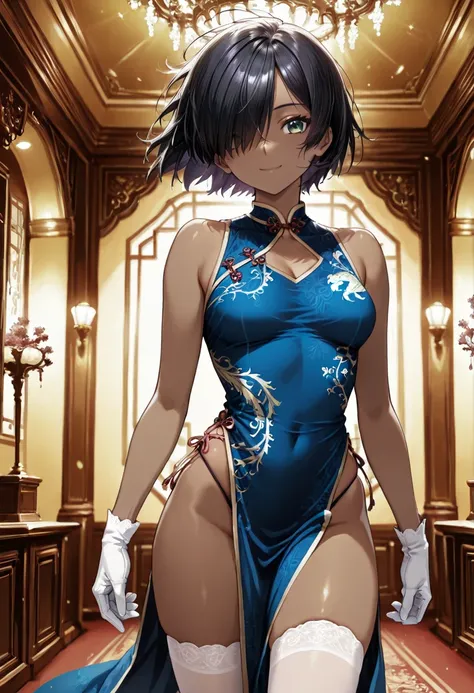 1 girl, 12years old, black hair, black hair,short hair, short hair, floating hair, bangs cover the forehead, messy hair, hair over one eye, hair covers one eye, hair cover one eye, big green eyes, purple makeup around the eyes, white choker, medium breast,...