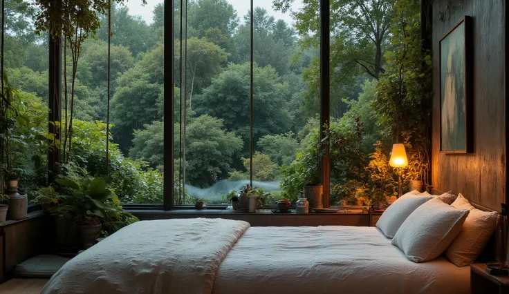 inside a cozy industrial style super small well decorated glasshouse bedroom, with a big window that almost cover the whole wall, outside of the window is a forest and it is raining super heavily aidmafluxpro1.1 sheying, no humans aidmamj6.1