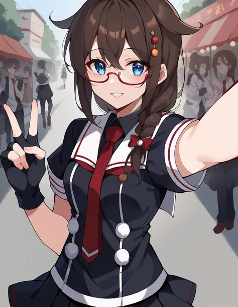 score_9, score_8_up, score_7_up, source_anime, Shigure, Shigure (KanColle), long hair, blue eyes, brown hair, black hair, hair ornament, knitting glasses, stupid hair, single knitting glasses,  shoulder hair ,  hair flap,, skirt, gloves, school uniform, pl...